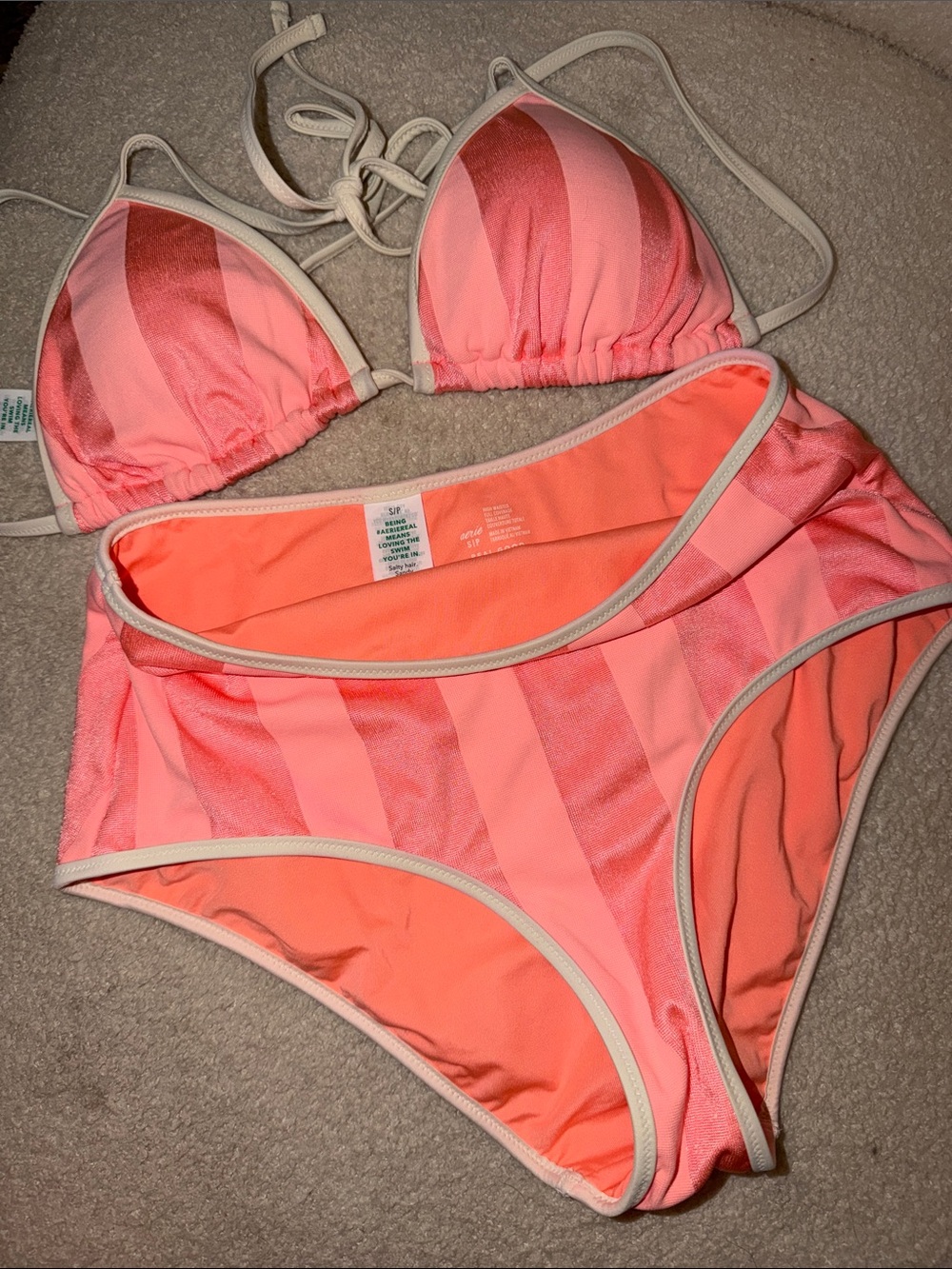 aerie Coral and Light Pink Striped High-Waist Bikini Set